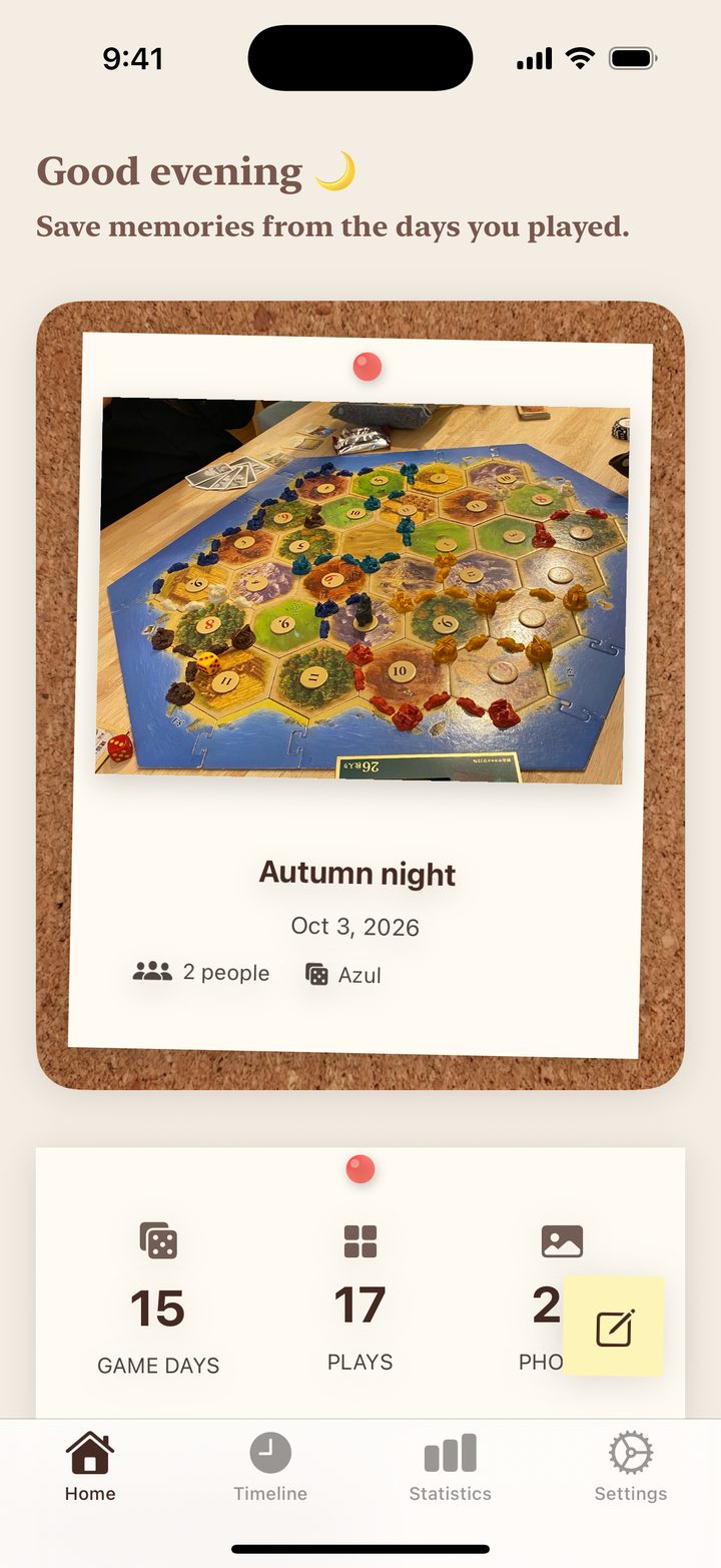 BoardLog editor pinning people and photos from a game night