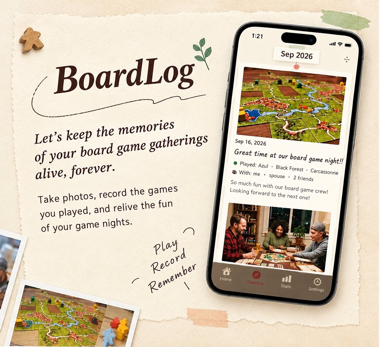 BoardLog intro image showing a game night memory
