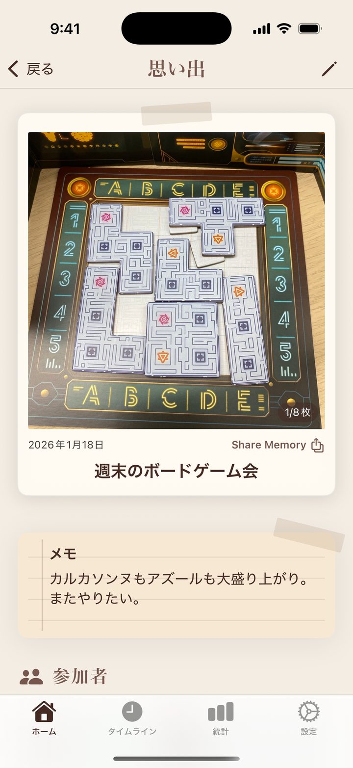 写真とメモが残されたゲーム会の思い出画面